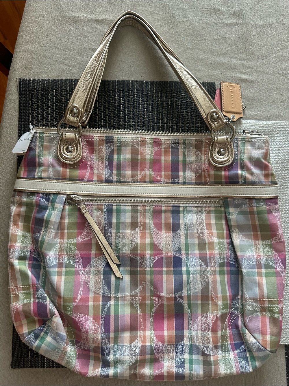 Coach Pastel Multicolor Plaid Tote with Metallic Beige Handles and wristlet
